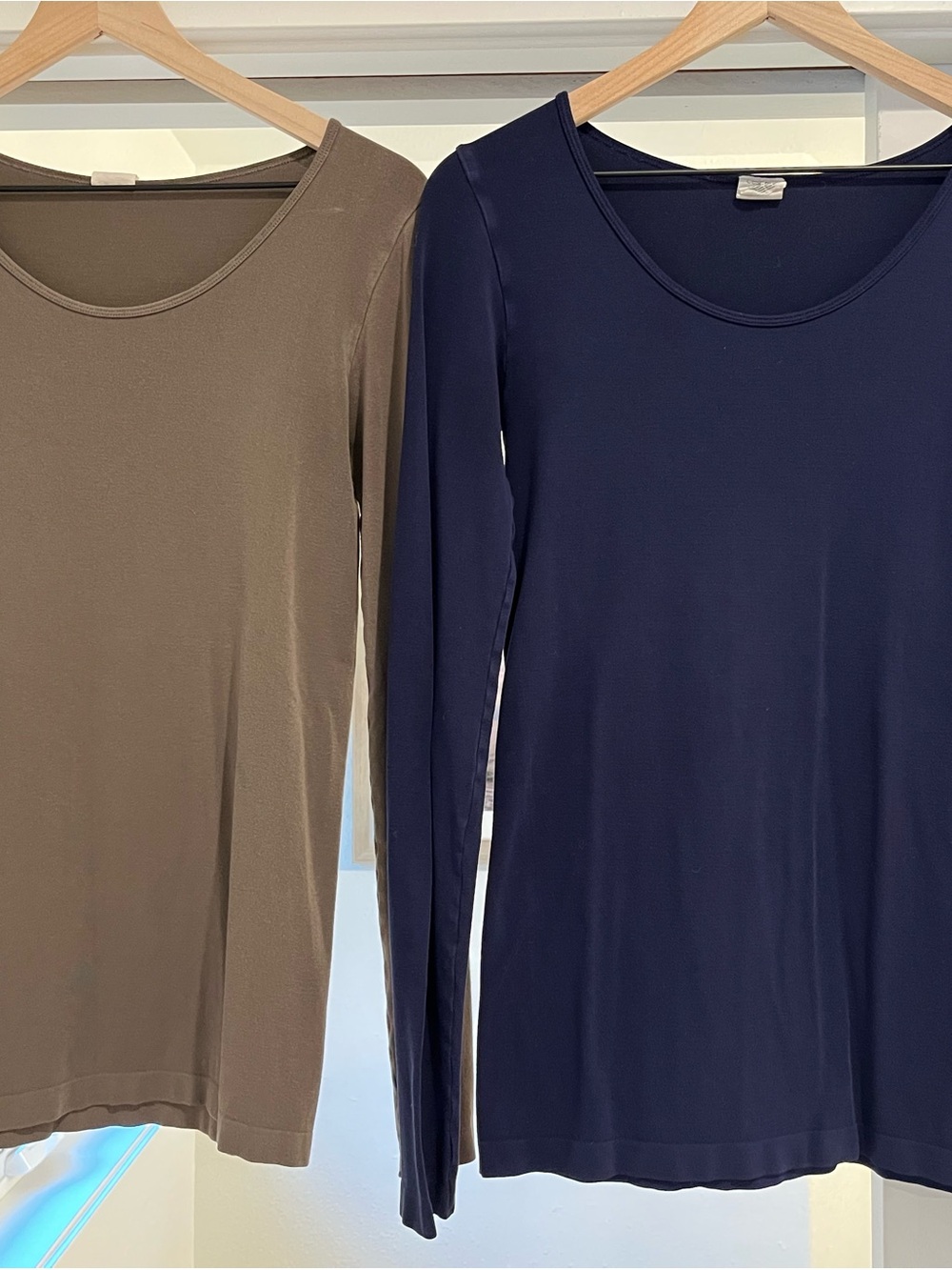 Two Classic Scoop Neck Long Sleeve Tees — Navy and Taupe